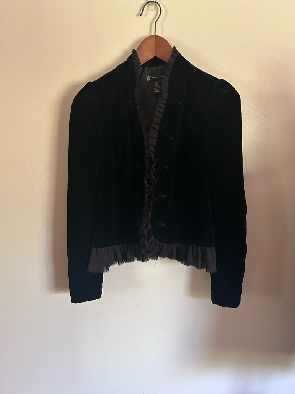 INC | black faux crushed velvet ruffle hem & collar double button clasp blazer